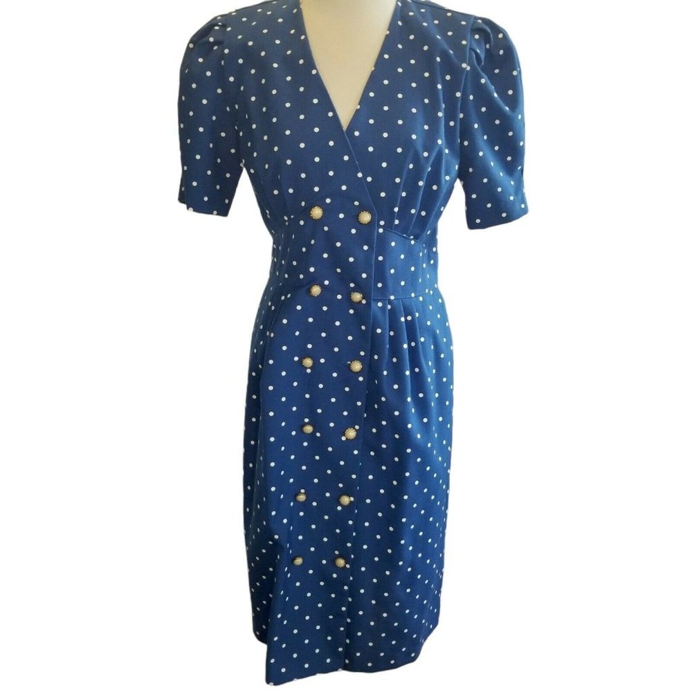 Vintage 80s Blue Polka Dot Secretary Midi Dress Double Breasted Pearls Sz M